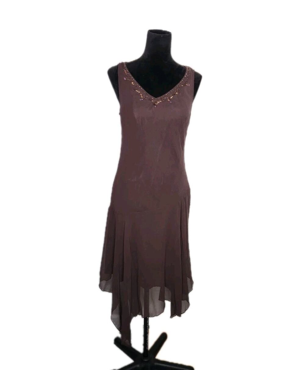 Robbie Bee Y2K 100% Silk Brown Beaded Midi Dress Asymmetrical Sz 16 Fairy Whimsy
